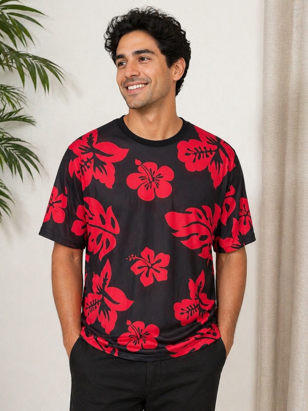 BRICH Black Red‎ Hawaiian Tropical Crew Neck Tee Men’s Size L